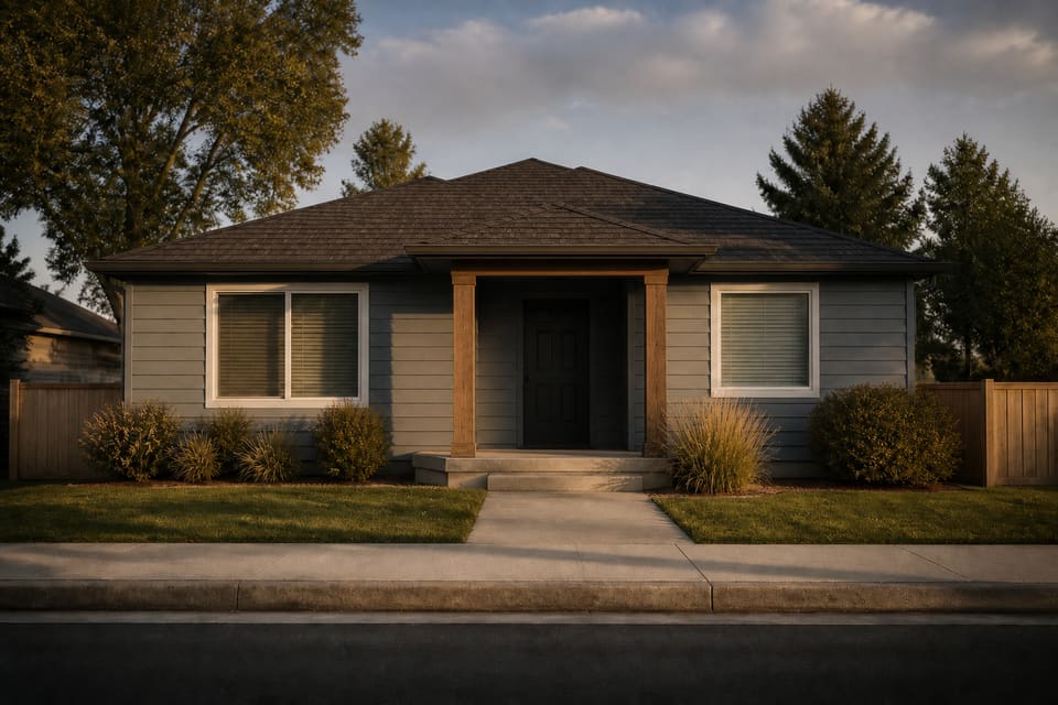 Tidy single-story house with drawn blinds and an empty driveway, looking secure and unoccupied. Illustrative property.